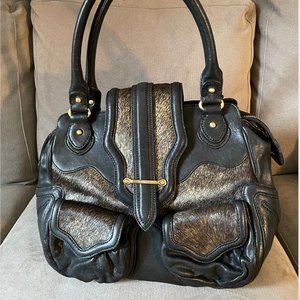 Botkier Shoulder Bag Black Leather Bronzed Fur